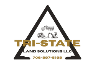 Logo for Tri-State Land Solutions LLC featuring a triangular frame, construction equipment icons, and a phone number.