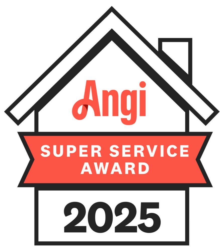 Angi Super Service Award badge with house outline and 2025 in black, white, and red