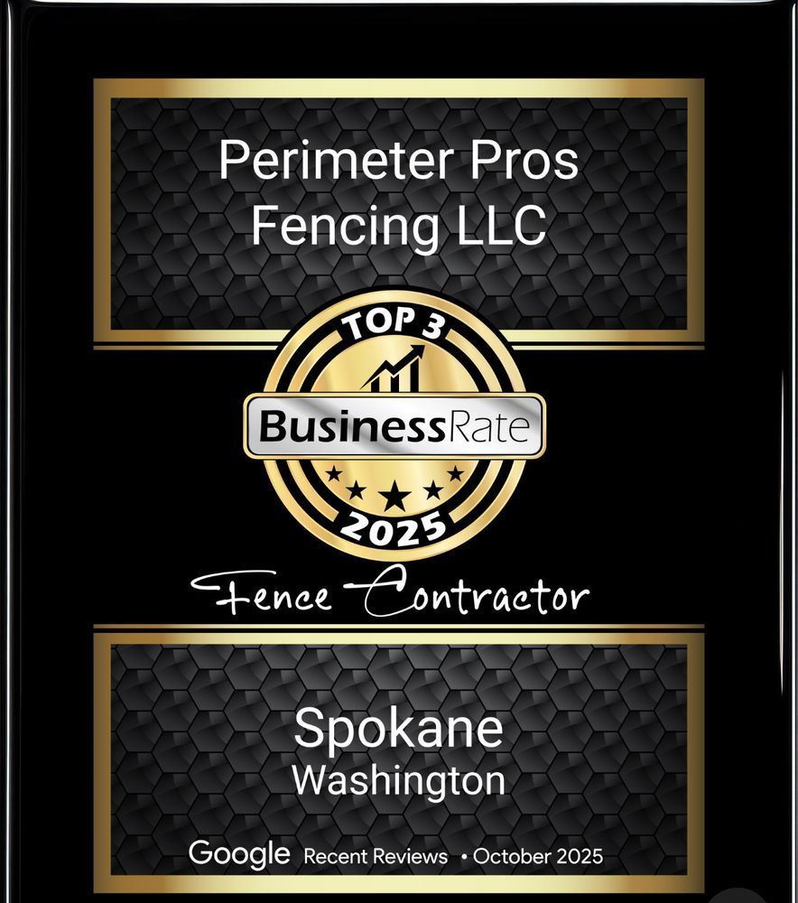 Perimeter Pros Fencing LLC award badge with gold accents, listing Spokane, Washington and Google reviews 2025