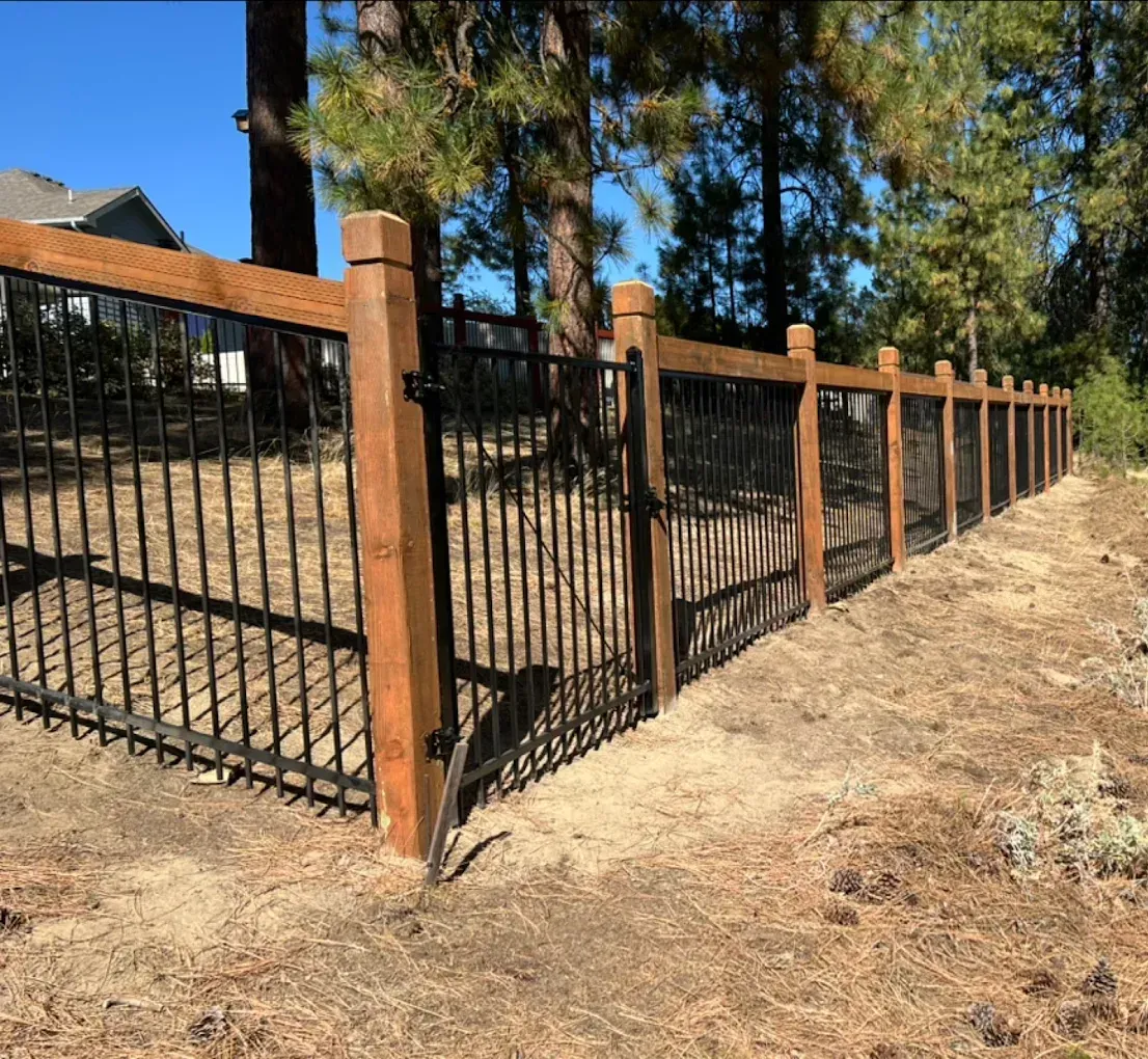 Black metal fence with wooden posts along a dry, wooded yard in bright sunlight