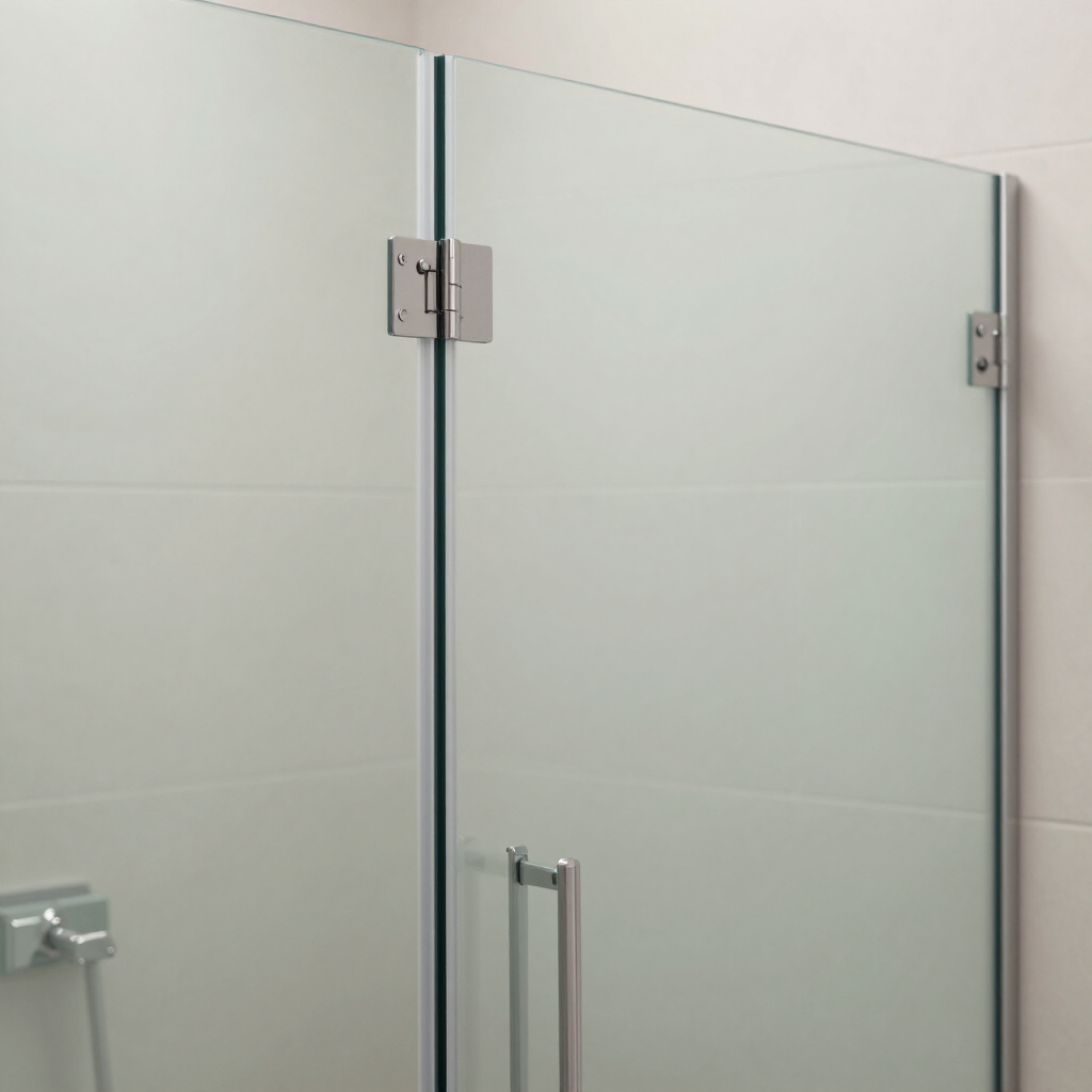 Safety Glass shower doors with chrome hinges and handles in a tiled bathroom