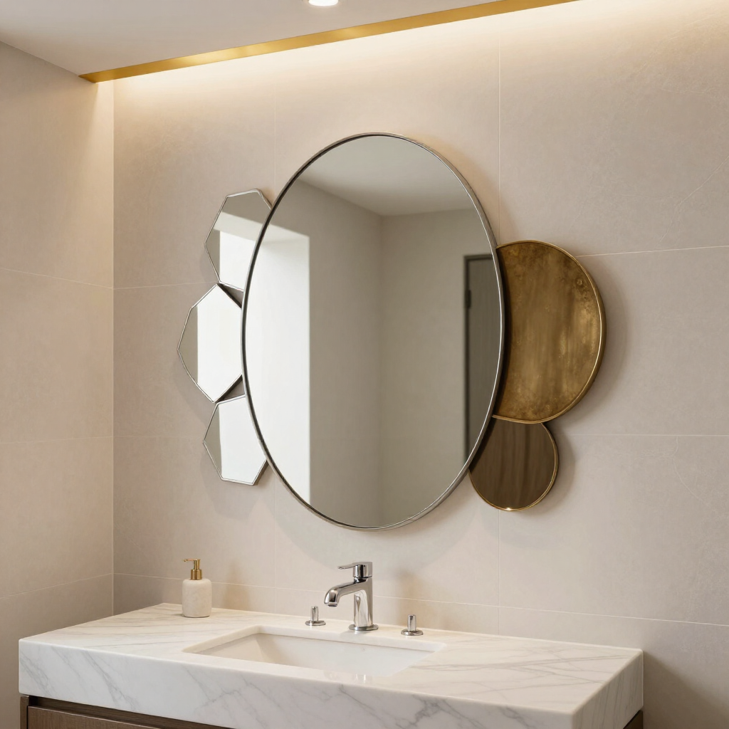 Modern bathroom vanity with oval mirror, white sink, and gold wall decor under warm lighting