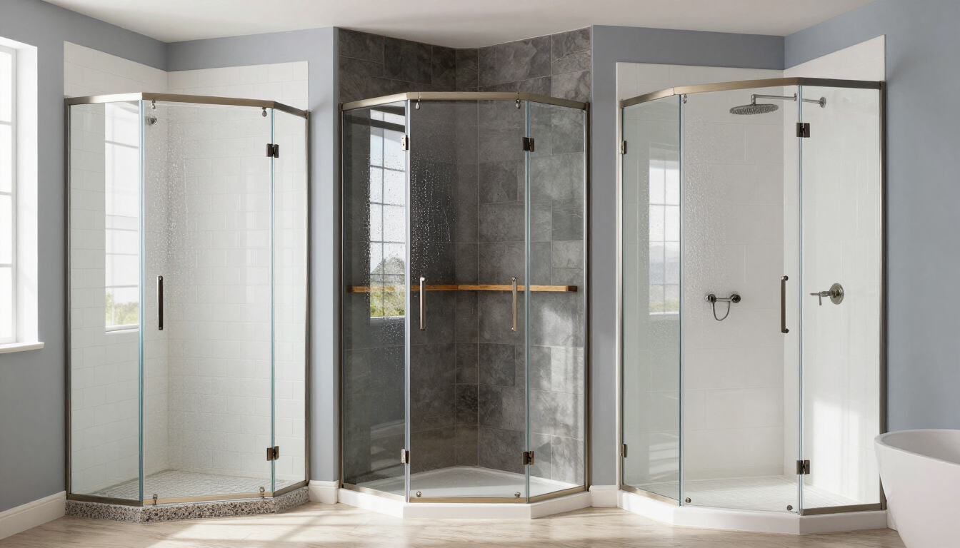 Three curved glass shower enclosures displayed in a bathroom showroom