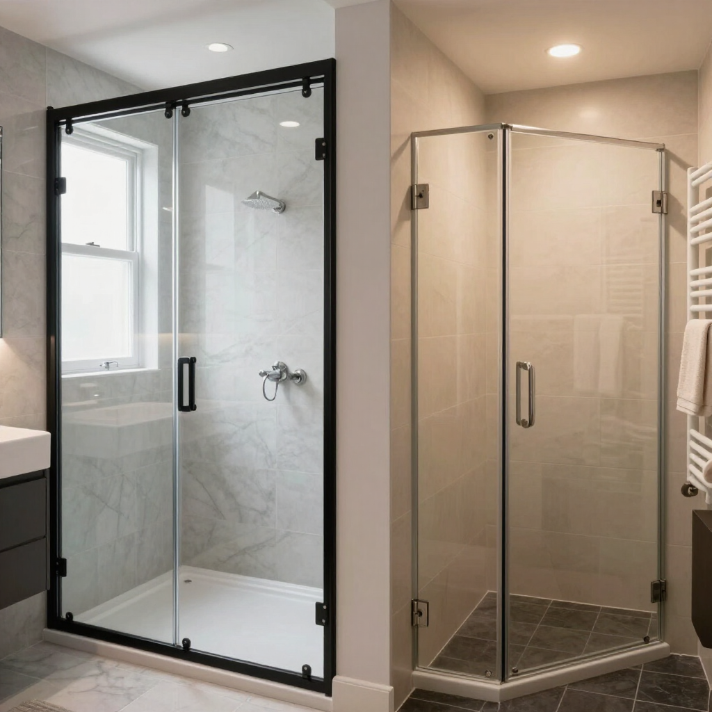 Modern bathroom with two glass shower enclosures, one frameless and one curved with beige tile.