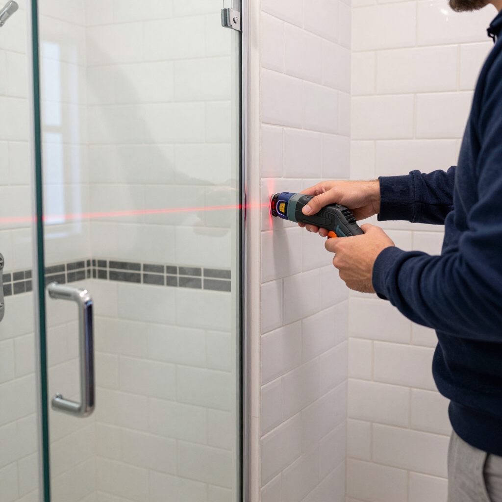 Person using a laser level to measure a tiled shower wall