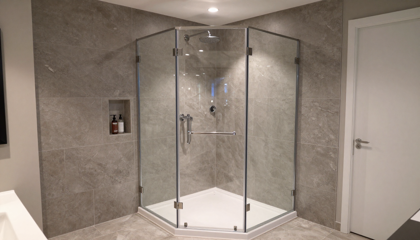 Modern bathroom with a glass-enclosed corner shower and gray tile walls