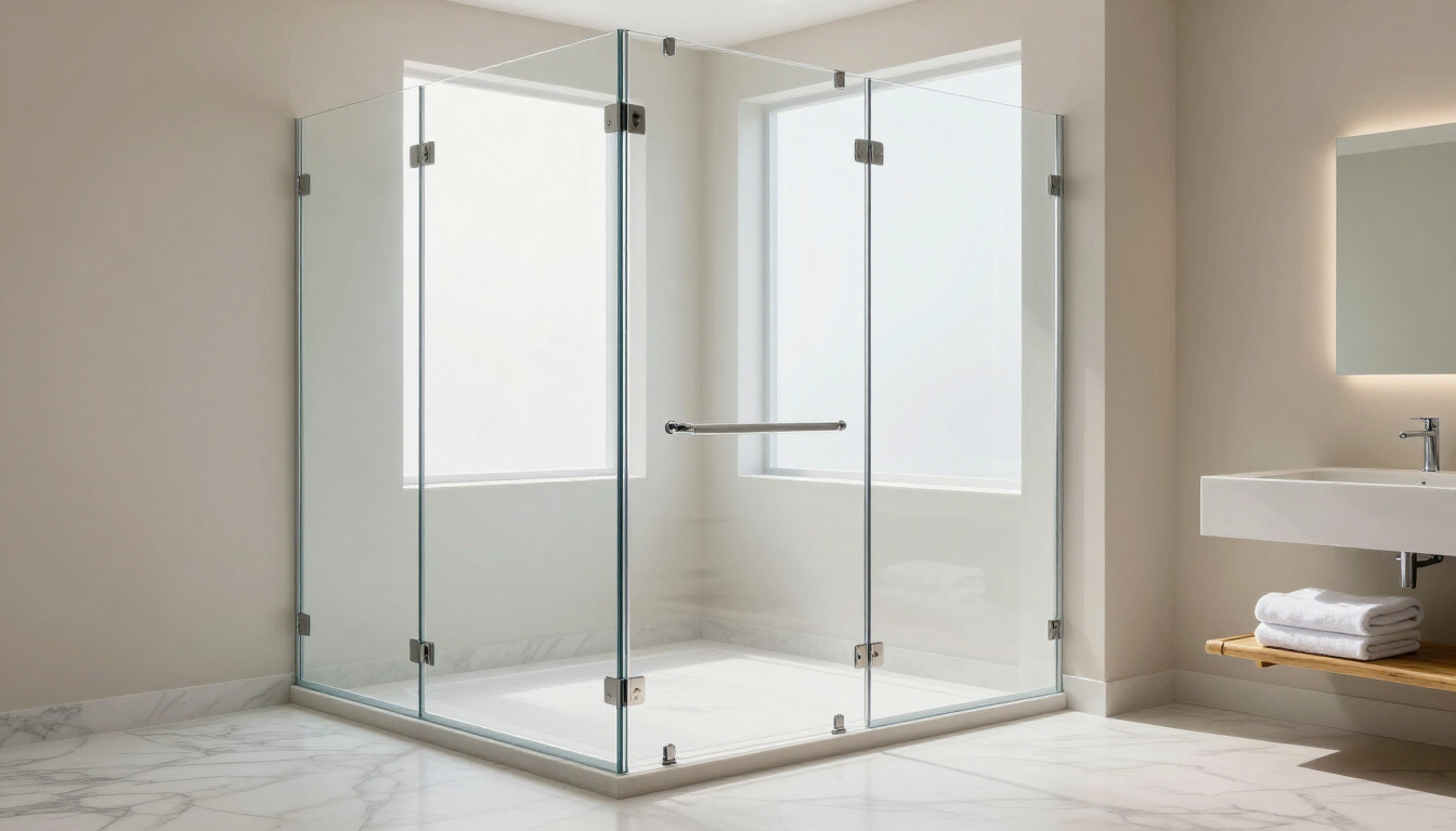 Modern glass corner shower enclosure in a bright, minimalist bathroom with a bench and vanity mirror.