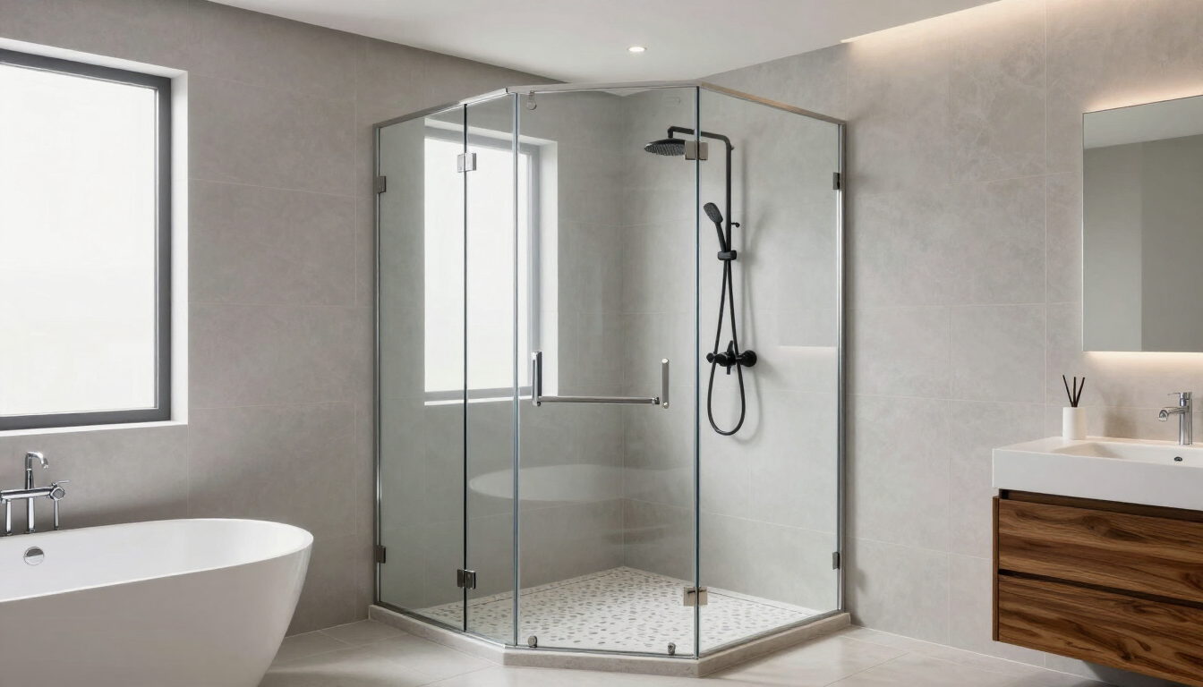 Modern glass shower enclosure in a minimalist bathroom with a wooden bench nearby