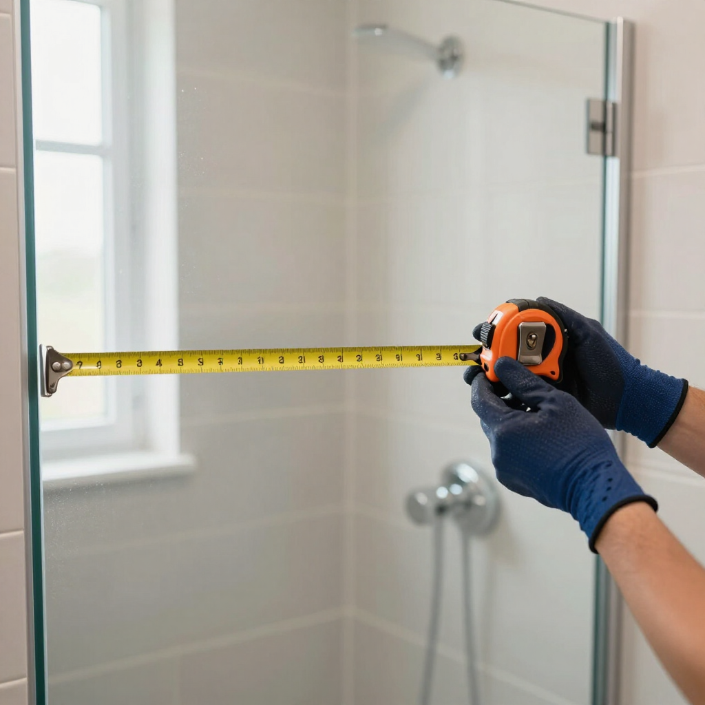 Person measures a glass shower door with a tape measure in a bathroom.