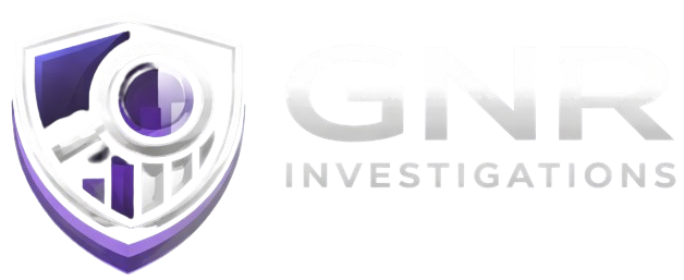 A logo for GNR Investigations featuring a purple and white shield emblem with a magnifying glass icon next to the text.