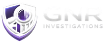 A logo for GNR Investigations featuring a purple and white shield emblem with a magnifying glass icon next to the text.