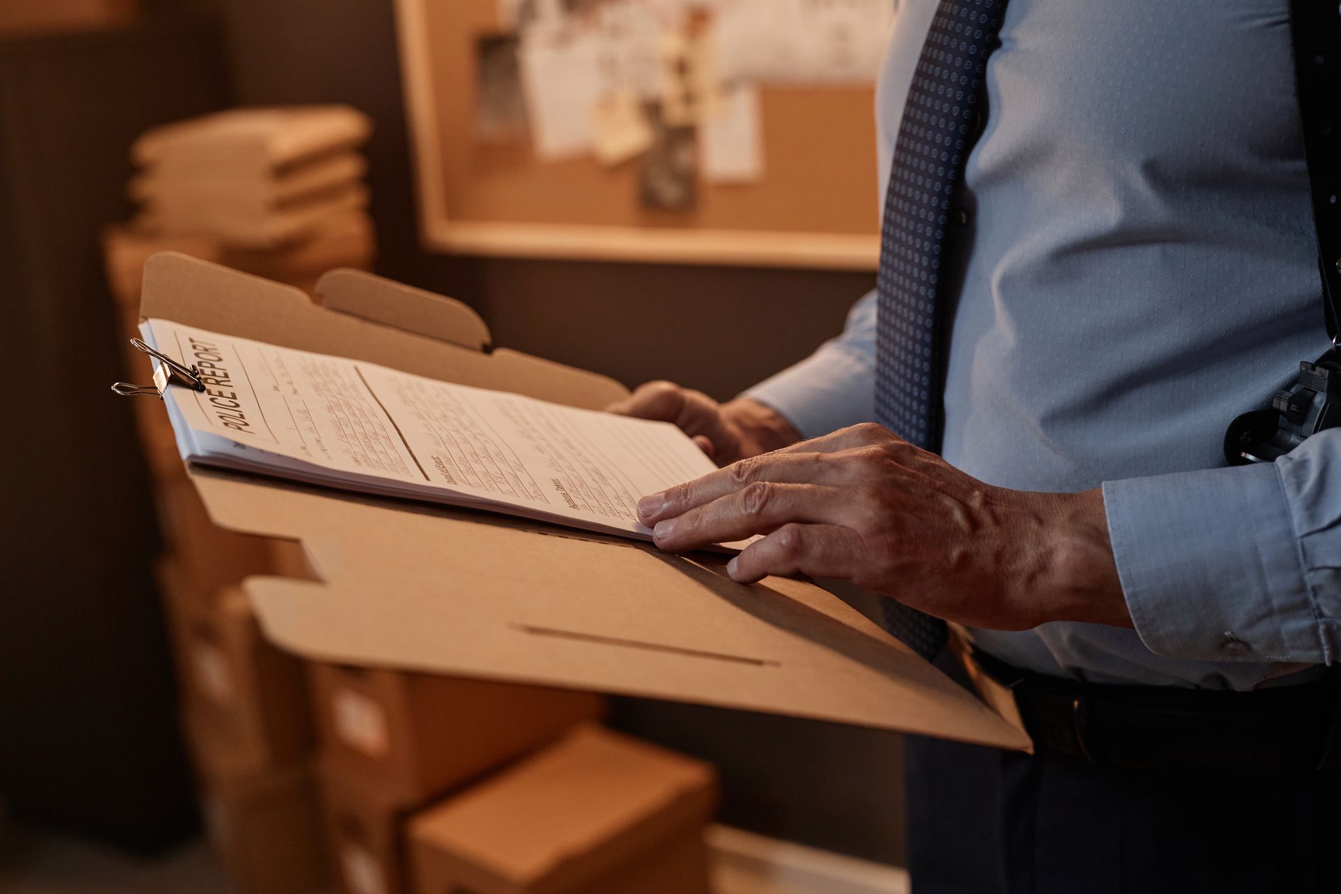 A person in a dress shirt and tie holds an open manila folder with papers in an office setting.