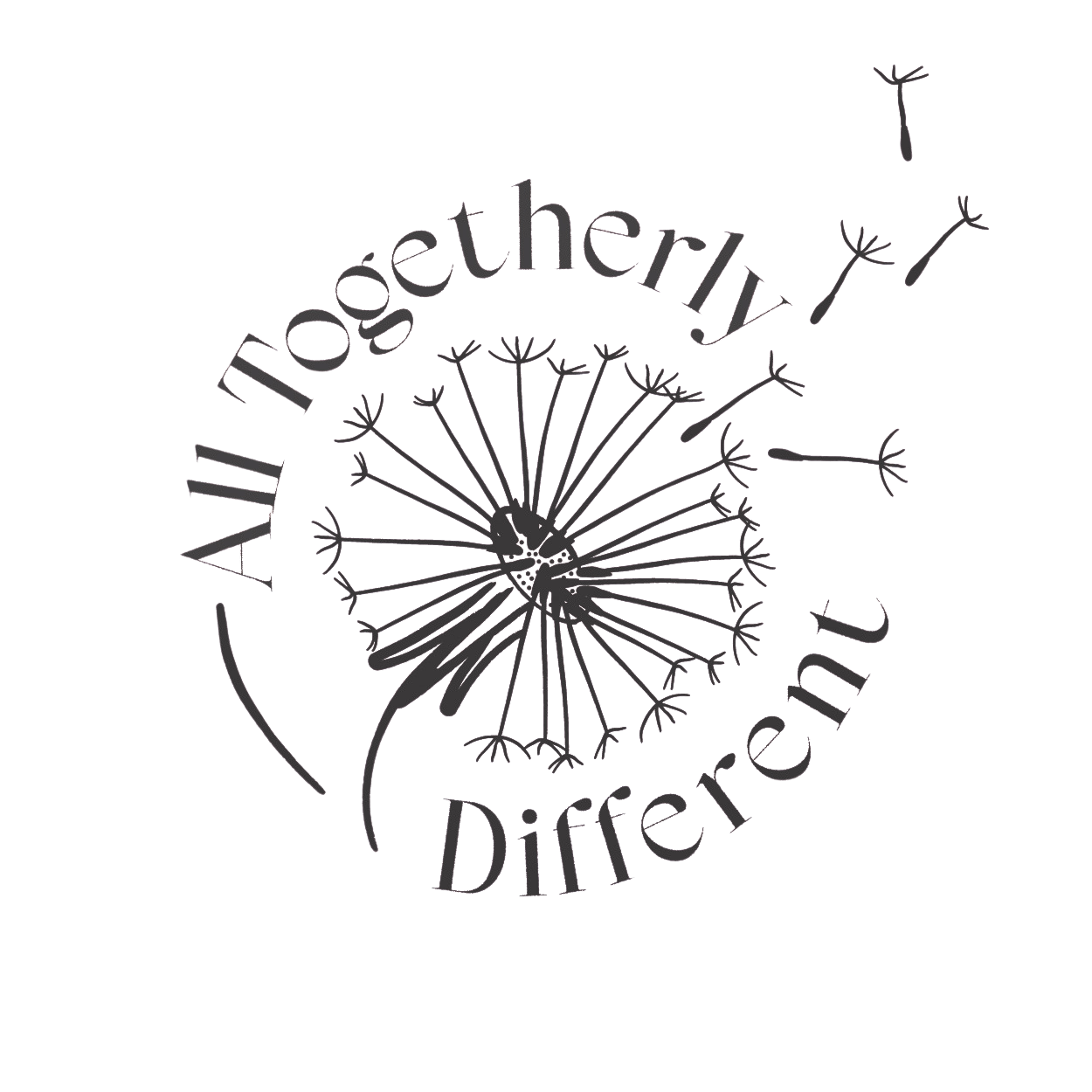 Black-and-white dandelion logo with the words “All Together Different” in a circle