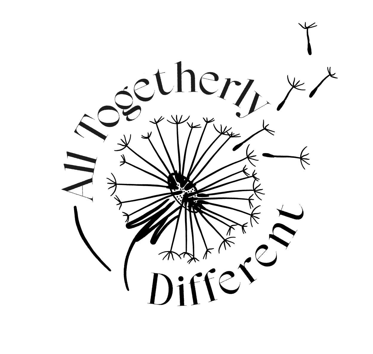 “All Together, Different” slogan around a dandelion with seeds blowing away and flying birds