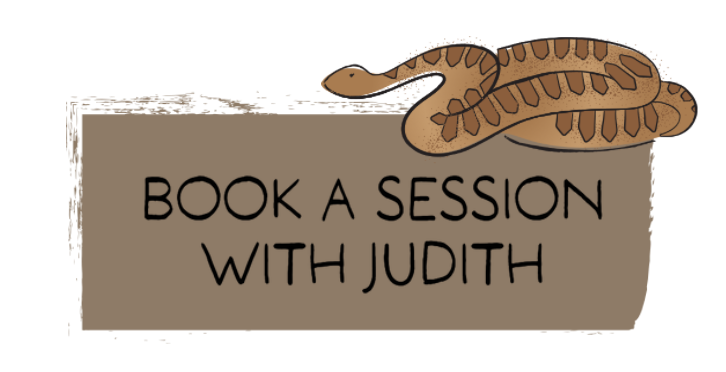 Book a session with Judith on a brown sign with a snake illustration