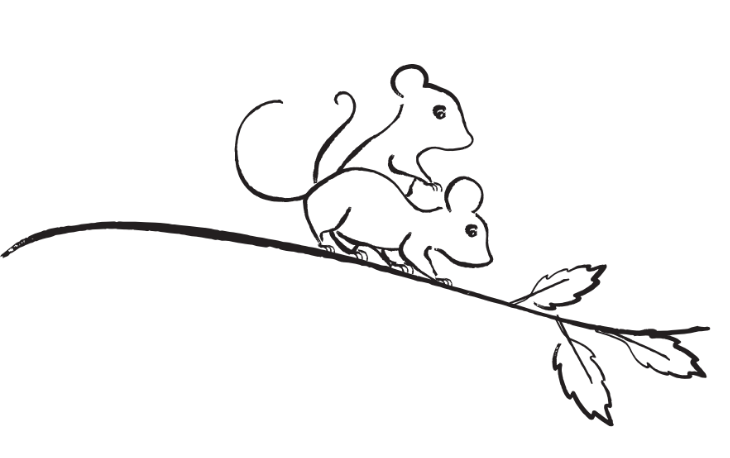 Two cartoon mice riding on a curved branch, one sitting on the other's back.