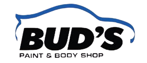 The logo for Bud’s Paint & Body Shop featuring the text in black below a blue stylized car outline.