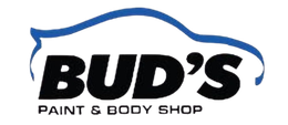 The logo for Bud’s Paint & Body Shop featuring the text in black below a blue stylized car outline.