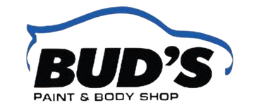 The logo for Bud’s Paint & Body Shop featuring the text in black below a blue stylized car outline.