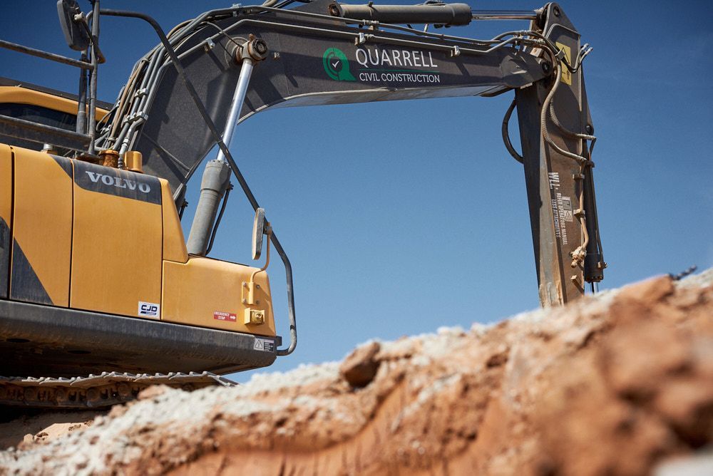 A Volvo Excavator With O'jarrell Civil Construction Branding Positioned — Quarrell Civil Construction In Congupna, VIC