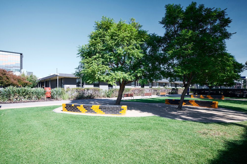Two Trees in a Grassy Area With Black and Yellow Tire Barriers — Quarrell Civil Construction In Congupna, VIC