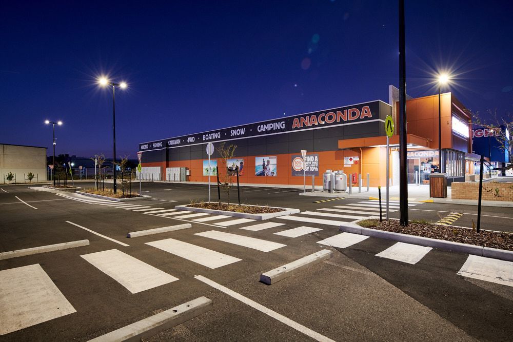 A Brightly Lit Anaconda Outdoor Retail Store at Twilight — Quarrell Civil Construction In Congupna, VIC