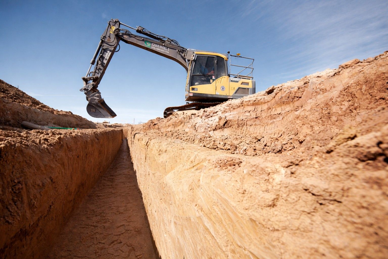 Construction worker in trench observing excavator digging in sunny outdoor setting. — Quarrell Civil Construction In Congupna, VIC