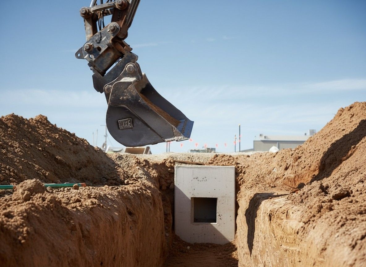 A yellow excavator bucket hangs over a narrow trench containing a rectangular concrete box structure in a dirt field — Quarrell Civil Construction In Deniliquin, VIC
