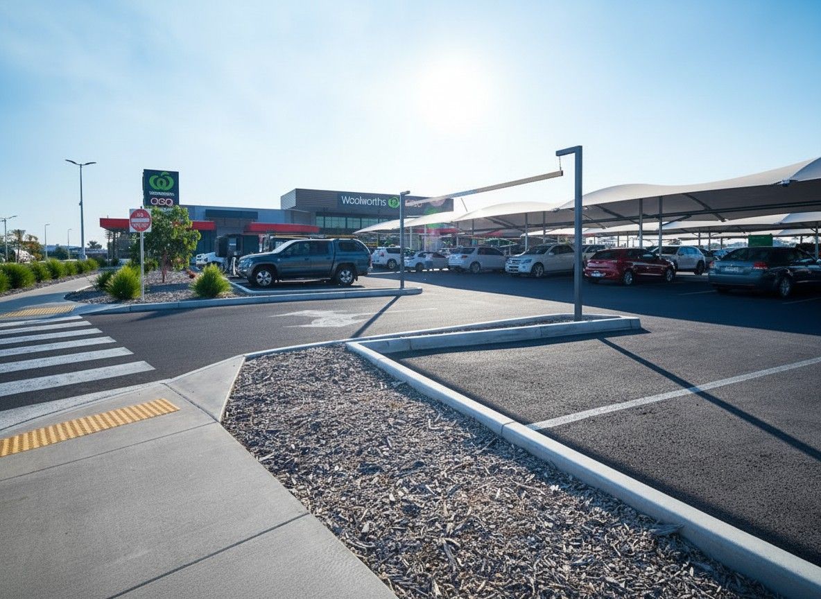 A sunny outdoor parking lot with covered spaces, a pedestrian crossing, and a Woolworths supermarket in the background — Quarrell Civil Construction In Echuca, VIC