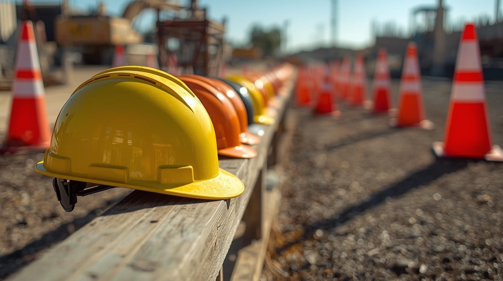 Yellow hard hat on a wooden barrier beside orange traffic cones at a roadwork site — Quarrell Civil Construction In Congupna, VIC