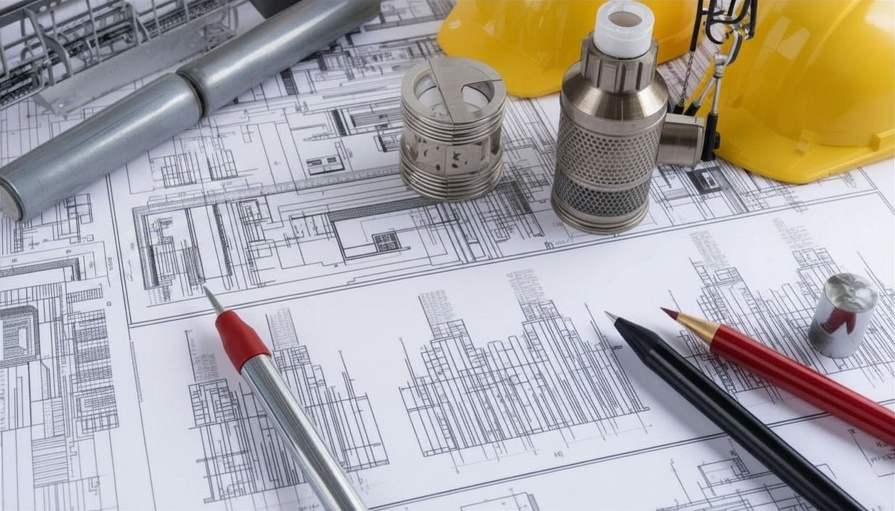 Engineering blueprints with pens, pencil, and metal fittings on a drafting table — Quarrell Civil Construction In Congupna, VIC