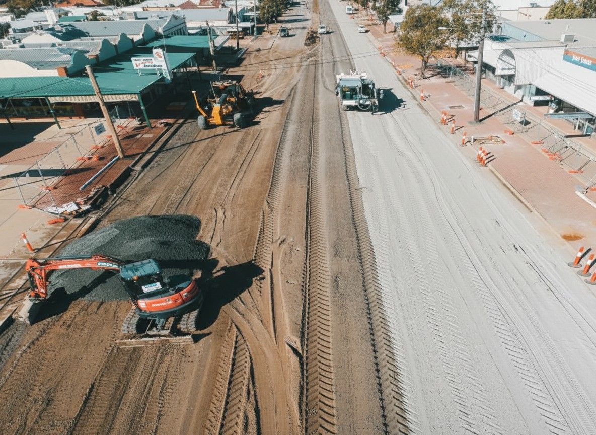 An aerial view of a road construction site with an orange excavator on a dirt patch beside a paved lane . — Quarrell Civil Construction In Deniliquin, VIC