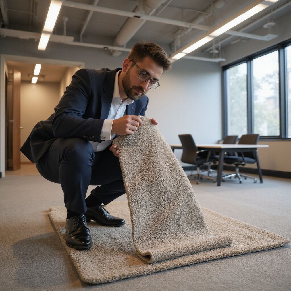 A man in a suit inspects a rolled carpet on an office floor. He wears glasses, crouching near a table and chairs.