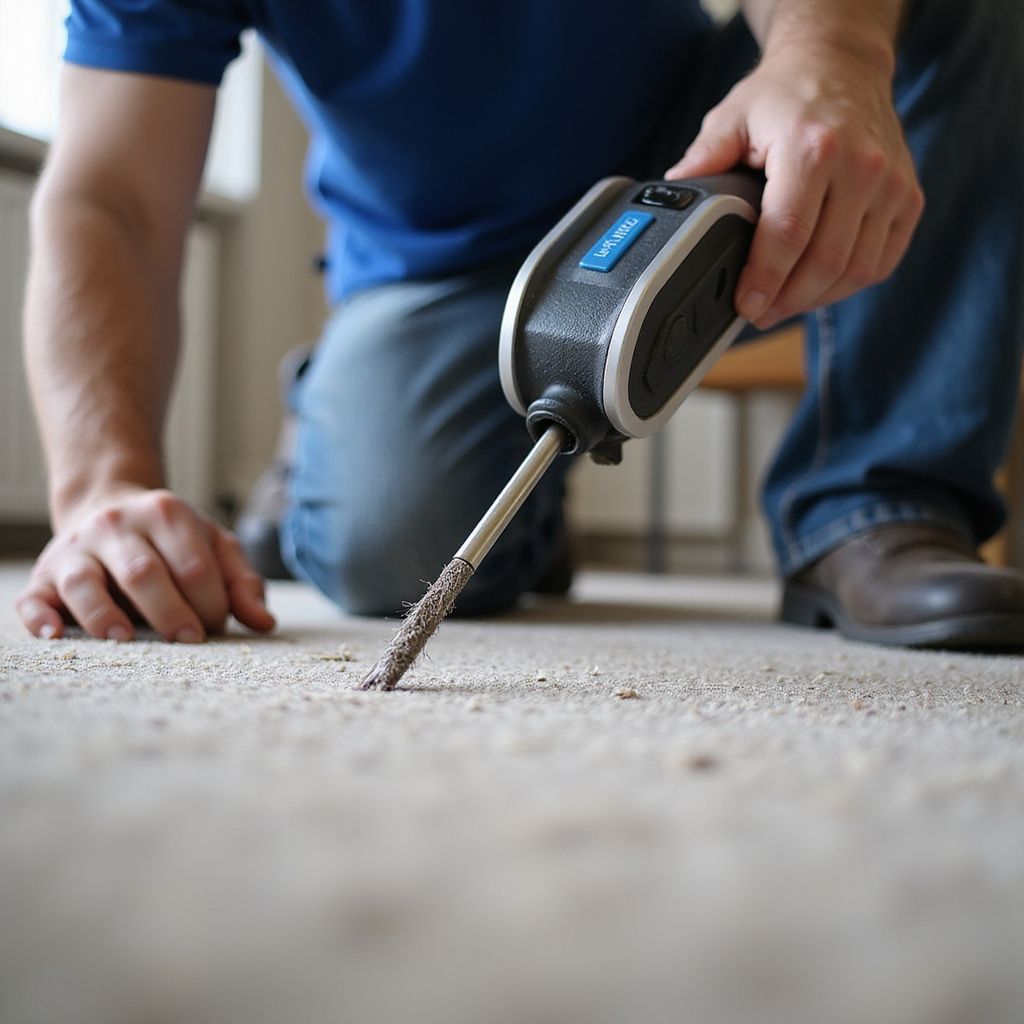 Person kneeling, using a handheld device to examine a carpet.