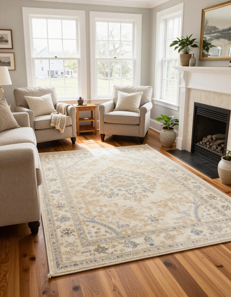 A clean, bright area rug in a cozy New England living room