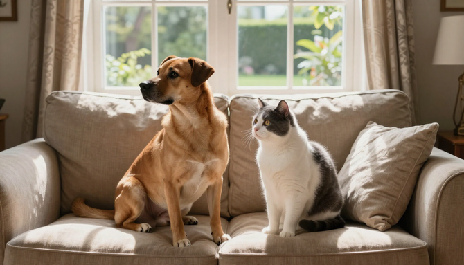 Dog and cat sitting together on a living room sofa