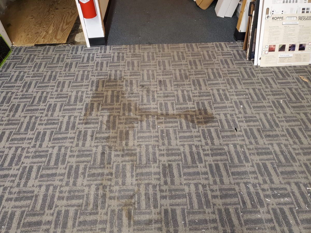 High-traffic commercial carpet tile in the Boston area office entrance with years of embedded soil and dulled pattern from daily foot traffic.