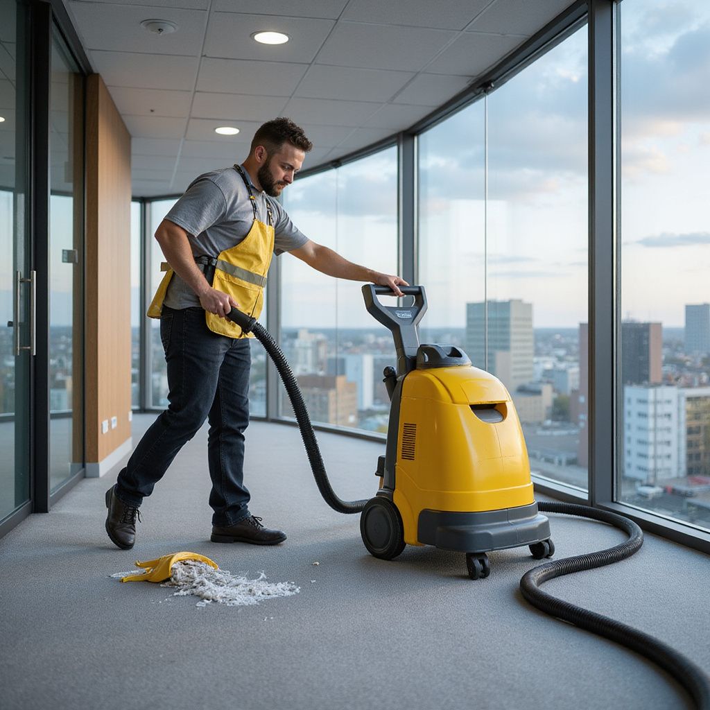 Man using a yellow carpet cleaner in an office with city views, cleaning debris.