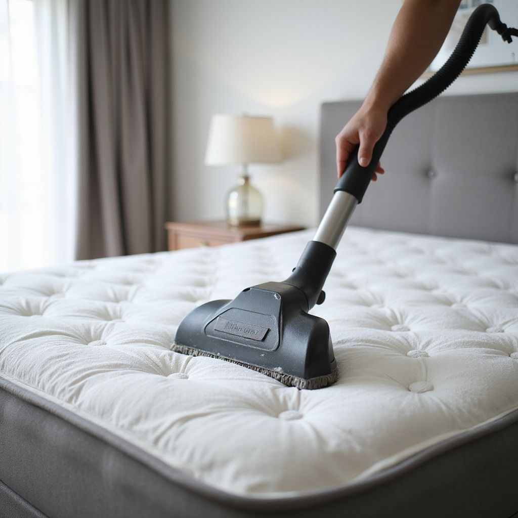 A person vacuuming a mattress with a handheld vacuum in a bedroom setting.
