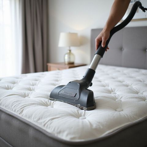 A person vacuuming a mattress with a handheld vacuum in a bedroom setting.