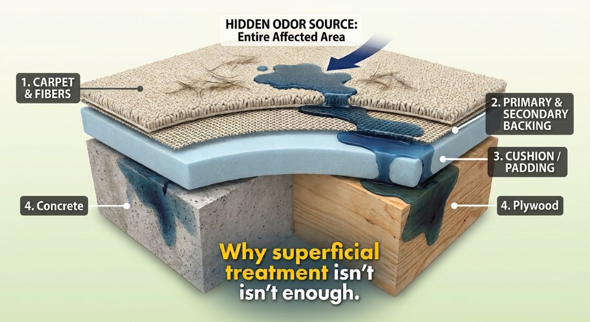 3D cutaway of a carpeted floor showing how a pet urine stain on the surface soaks through the carpet backing, spreads wider in the padding, and reaches the plywood subfloor