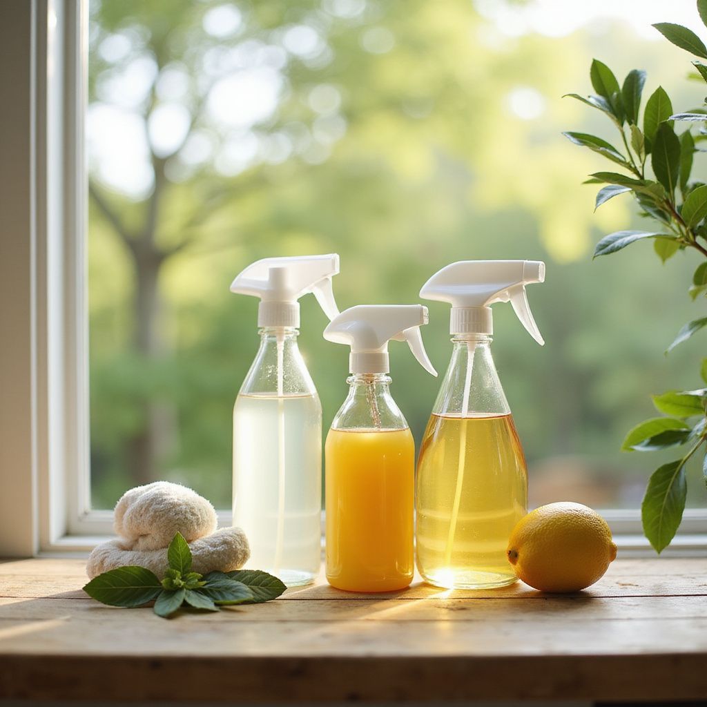 Cleaning supplies on a wooden windowsill: spray bottles with yellow and clear liquids, a lemon, and towels with greenery.