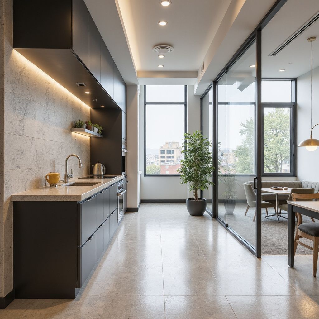 Modern kitchen with dark cabinetry, light countertops, and large windows.