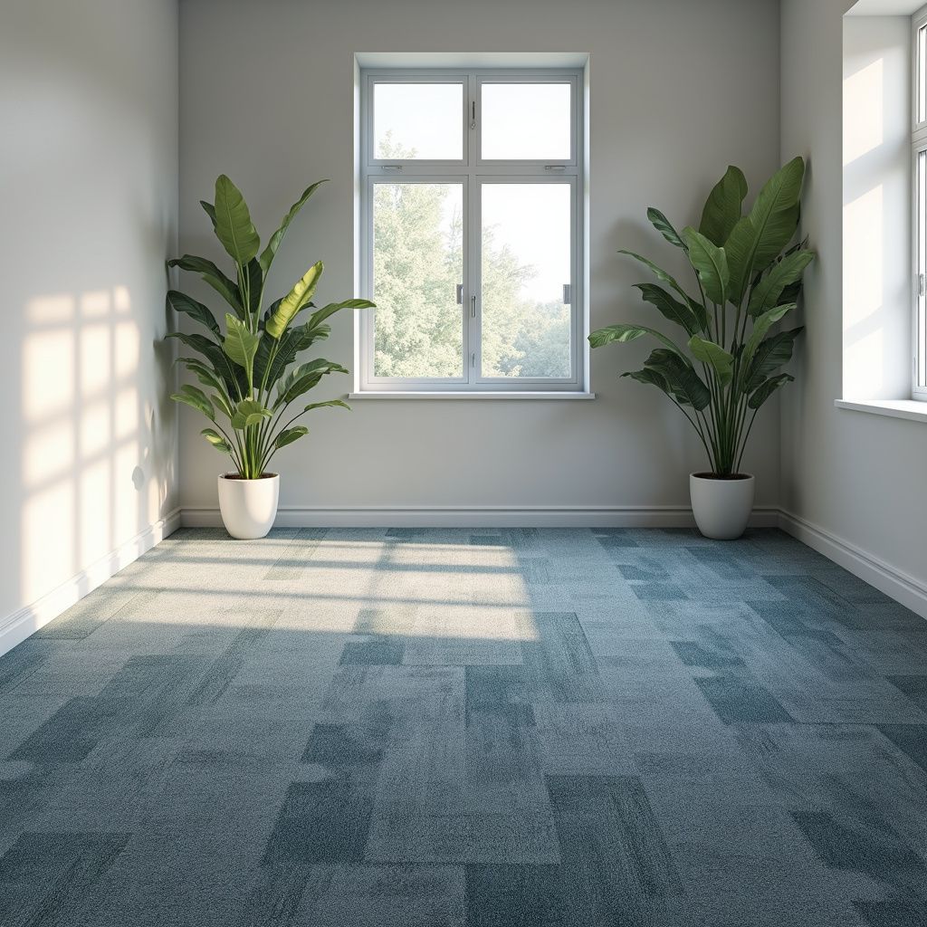 Empty room with blue carpet, two large potted plants, and windows letting in sunlight.