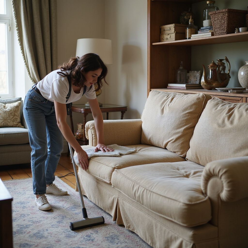 Woman vacuuming a beige couch in a living room; she wears a white shirt and jeans.