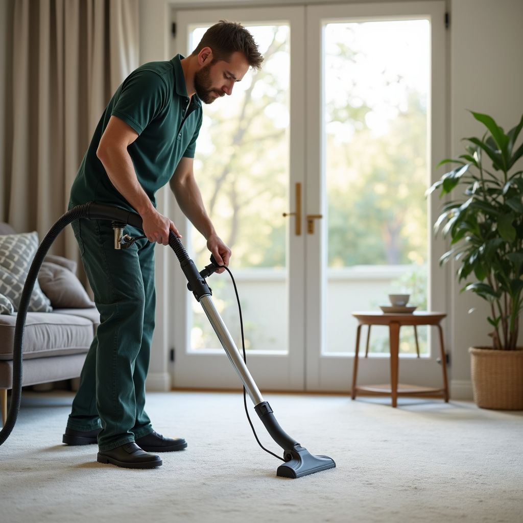 Man in green uniform vacuuming a carpeted living room.
