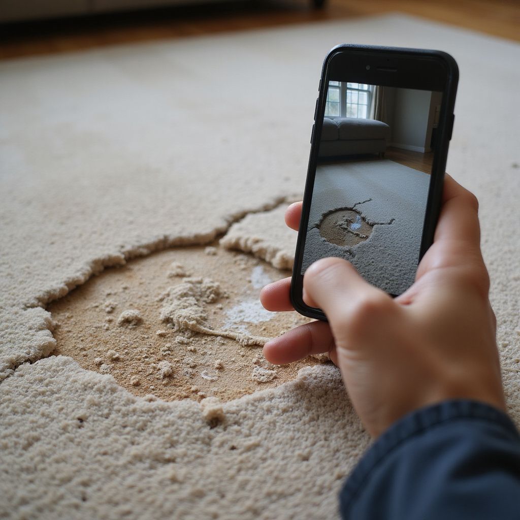 Hand holding phone, taking photo of a damaged light-colored rug with a hole.