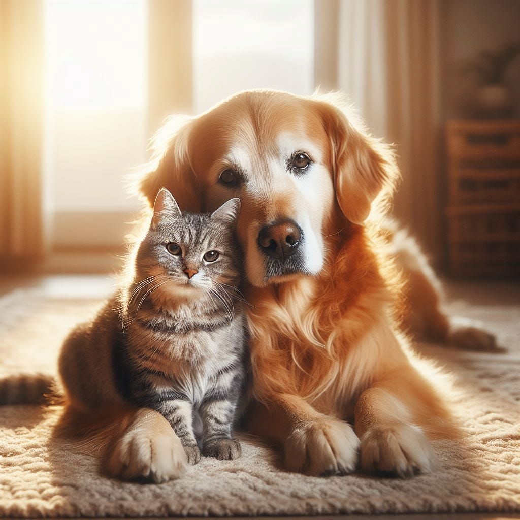 Golden retriever and tabby cat cuddling on a rug indoors, bathed in sunlight.