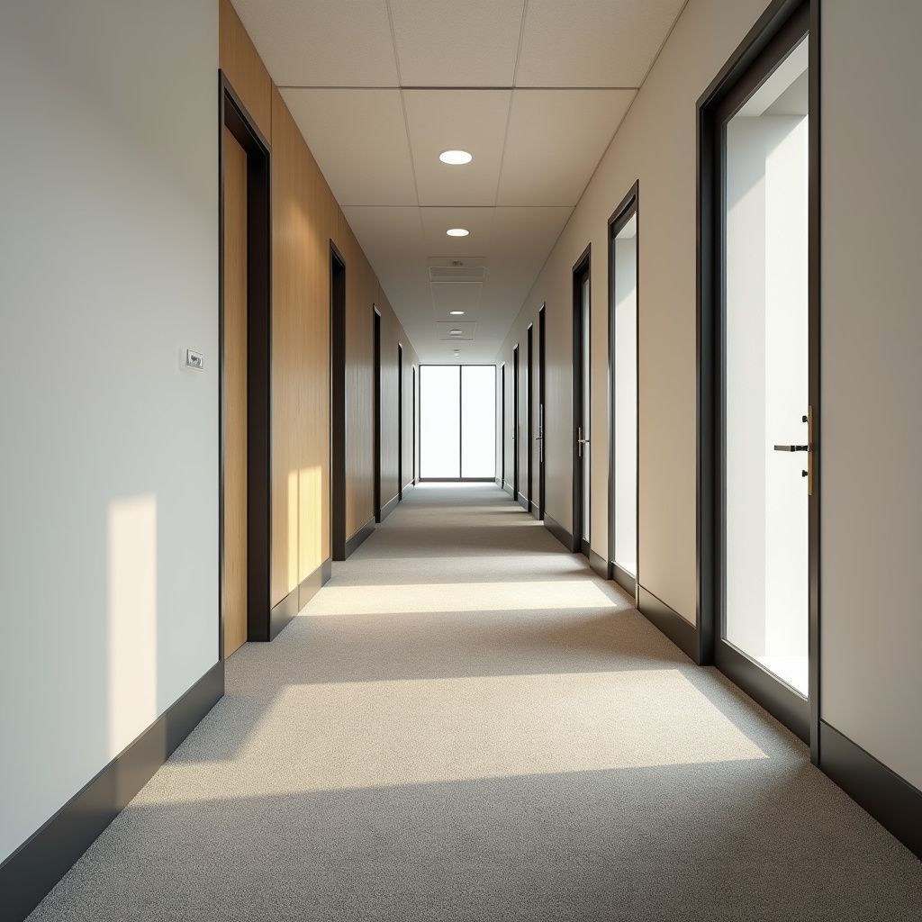 Long hallway with doors on both sides, leading to a bright window at the end. Carpeted floor, white and wood walls.