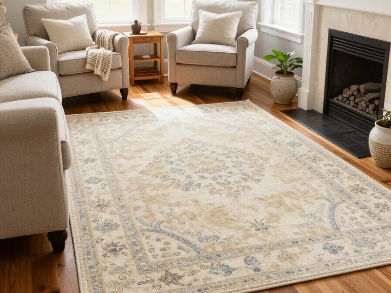 Living room with a patterned area rug, upholstered armchairs and a fireplace